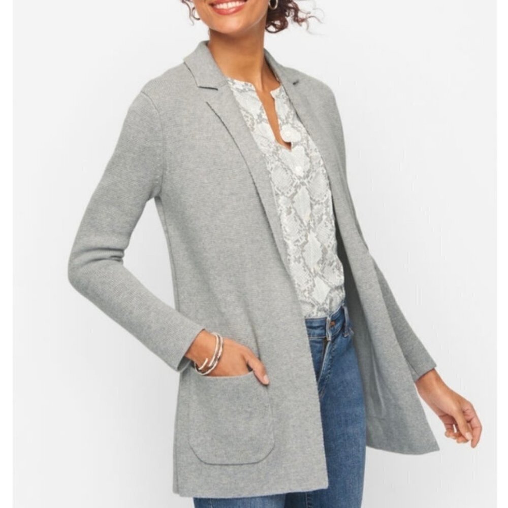 Talbots Notch Collared Gray One Button Sweater Blazer Patch Pockets Size P